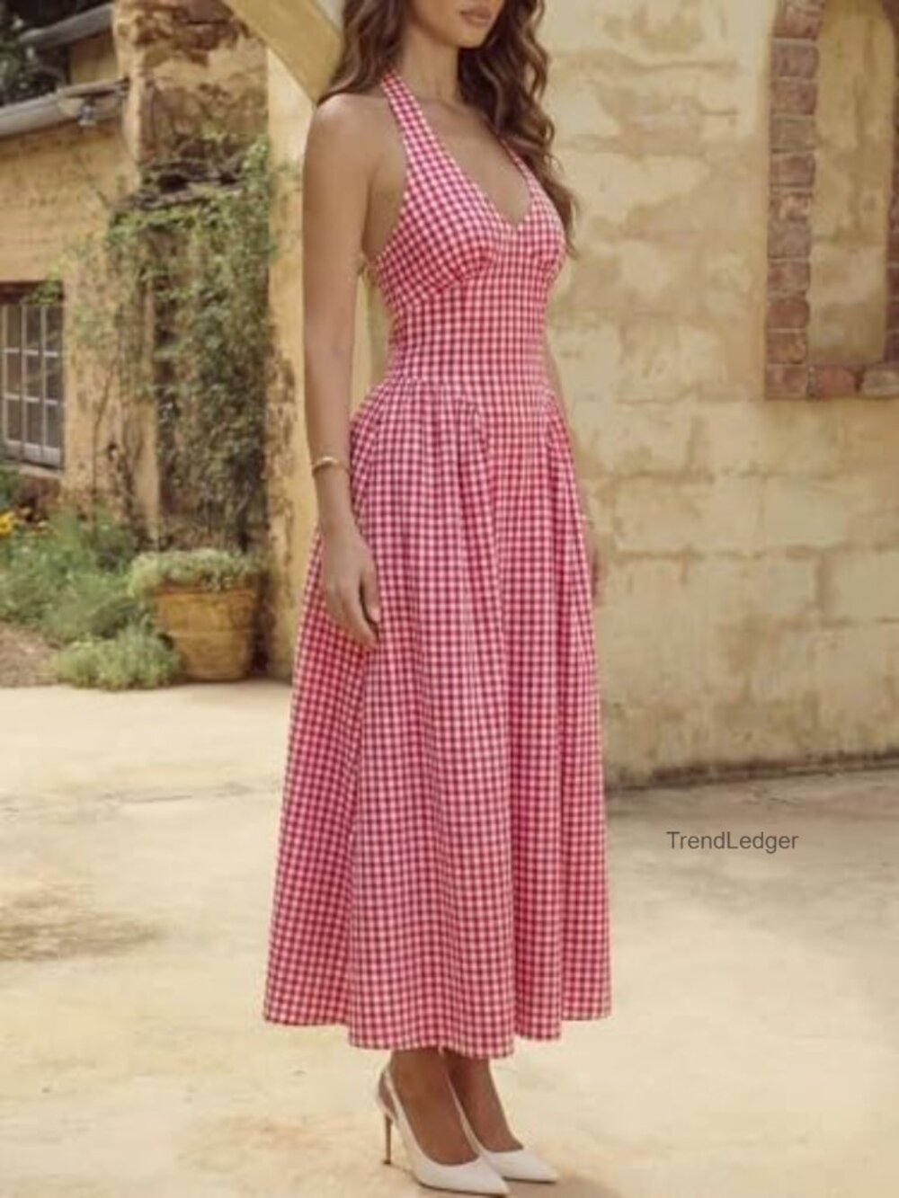 Halter V Neck Plaid Maxi Dress Smocked Backless Summer - Picture 3 of 6